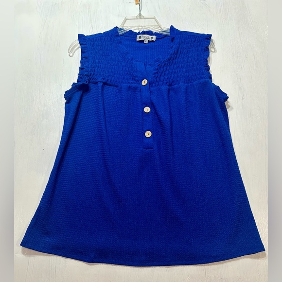 Wilde Royal Blue Sleeveless Smocked Henley Top L Ruffle Trim Button Front - Picture 2 of 8